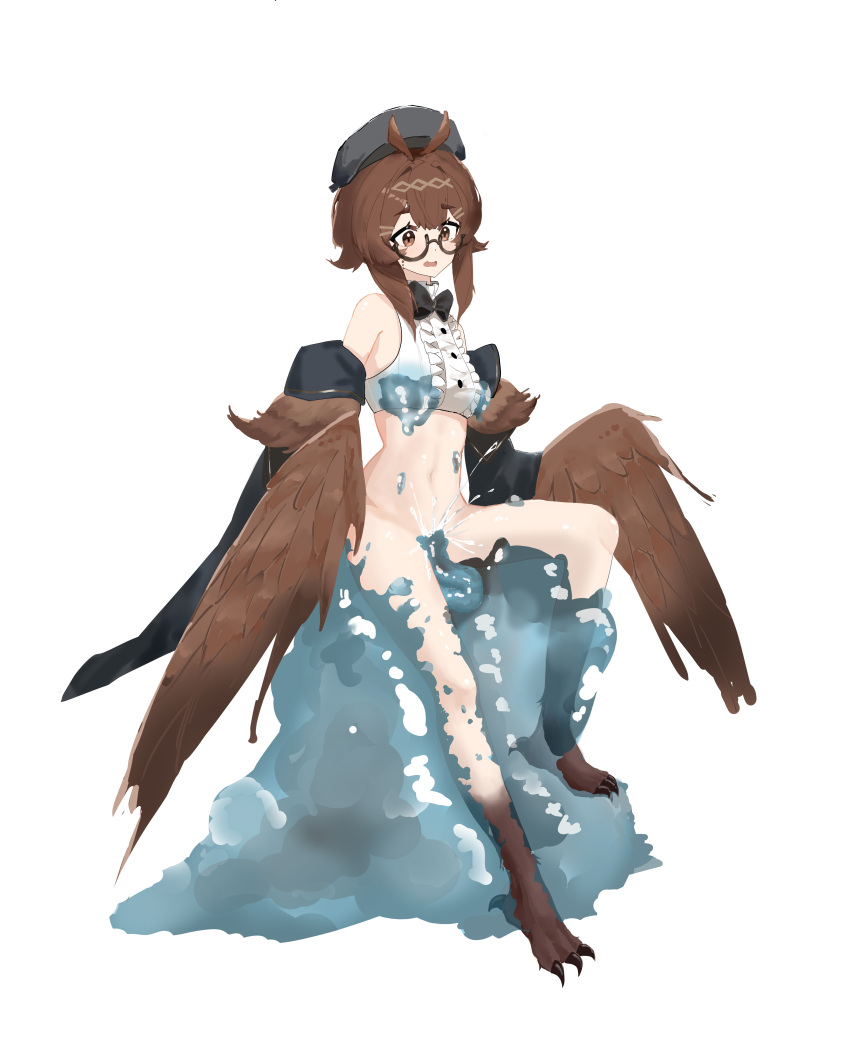 1girl absurdres beret bird_legs blush bottomless brown_eyes brown_feathers brown_hair brown_wings clover_theater crop_top detached_sleeves eyewear_strap feathered_wings feathers glasses harpy hat highres jacket monster_girl navel norris_(clover_theater) open_mouth pussy_juice semi-rimless_eyewear shirt simple_background sitting sleeveless sleeveless_shirt slime_(creature) slime_sex solo talons user_gayc3272 vaginal white_background white_shirt winged_arms wings