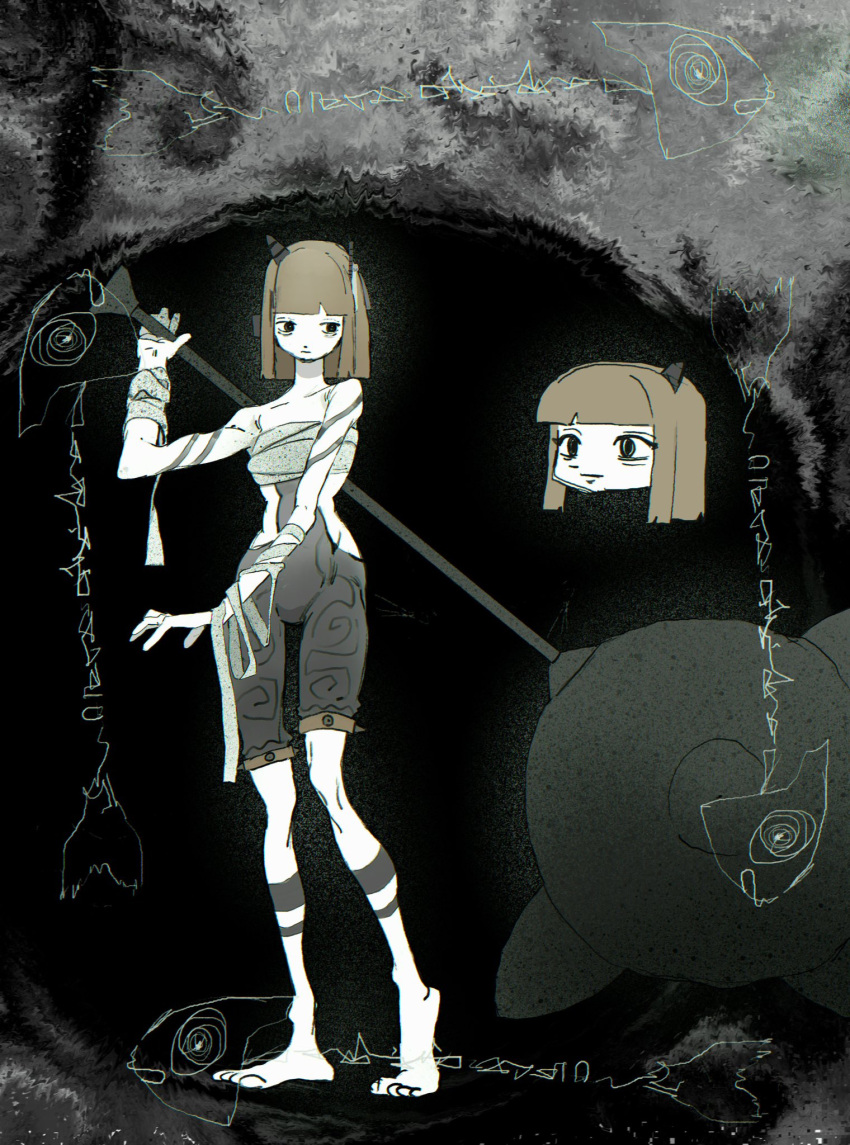 1girl a.i._voice abstract_background adachi_rei alternate_costume alternate_eye_color alternate_hairstyle arm_wrap bare_shoulders barefoot black_background black_eyes black_shorts blunt_bangs blunt_ends body_markings chest_sarashi chibi chibi_inset closed_mouth commentary_request expressionless fish hair_ribbon hand_up heel_up highres hijou_botan holding_mace horns huge_weapon mace medium_hair multiple_views official_alternate_costume over_shoulder ribbon sarashi shorts single_horn spiked_mace spikes standing utau weapon weapon_over_shoulder white_ribbon