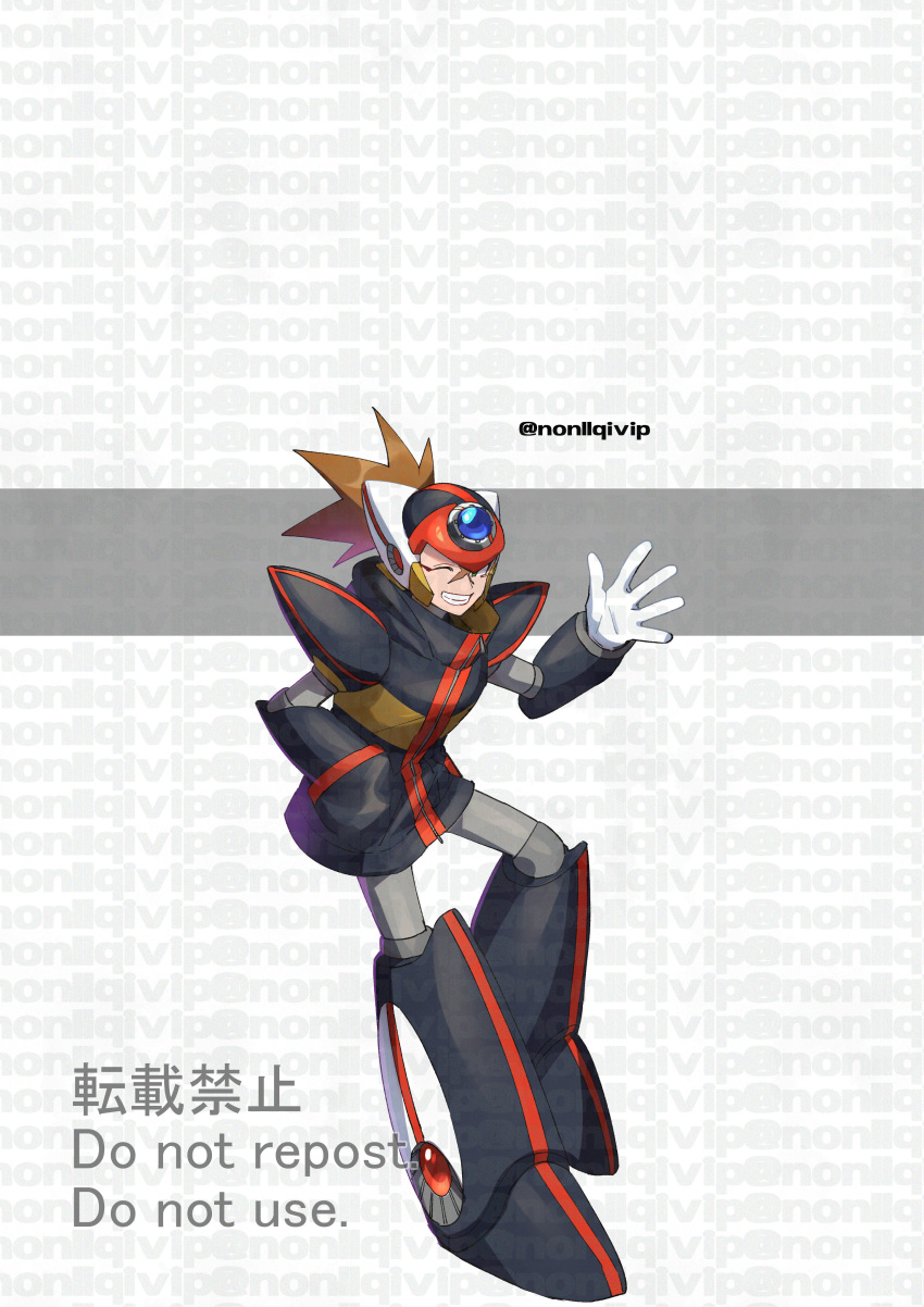 1boy absurdres alternate_costume android axl_(mega_man) black_footwear black_headwear black_jacket boots cross_scar forehead_jewel green_eyes hand_in_pocket helmet highres jacket medium_hair mega_man_(series) mega_man_x_(series) one_eye_closed red_headwear scar scar_on_face simple_background solo spiked_hair twitter_username watermark waving white_background white_headwear yamanashi_taiki