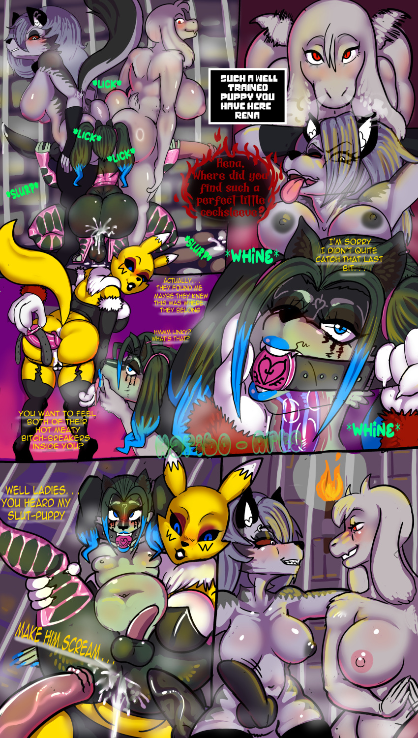 absurd_res anal anal_penetration animal_genitalia anthro balls big_breasts big_penis bodily_fluids bovid breasts butt canid canid_demon canine canis caprine clothed clothing comic cum demon digital_drawing_(artwork) digital_media_(artwork) english_text erection female genital_fluids genitals goat group gynomorph gynomorph/male haribo-arts hellhound helluva_boss hi_res intersex intersex/male link_(wolf_form) loona_(helluva_boss) male male/female mammal monster mythological_canine mythological_creature mythology nintendo penetration penis signature text the_legend_of_zelda trio undertale_(series) wolf