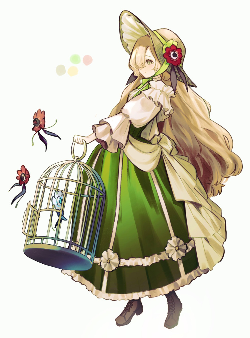 1girl birdcage blonde_hair blush boots cage creature dress familiar flower frilled_dress frills full_body green_dress green_hair hair_over_one_eye hat hat_flower highres isekai_joucho kamitsubaki_studio lowlay60 multicolored_hair red_flower smile solo two-tone_hair virtual_youtuber