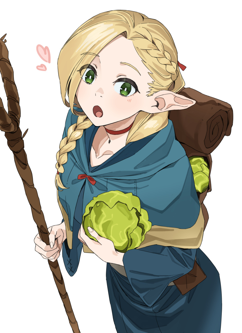 1girl :o absurdres ambrosia_(dungeon_meshi) asymmetrical_bangs backpack bag blonde_hair blue_capelet blue_robe braid brown_bag cabbage capelet choker commentary dungeon_meshi elf english_commentary green_eyes hair_around_ear heart highres holding holding_staff hood hood_down hooded_capelet lewdrawings long_hair looking_at_viewer mage_staff marcille_donato pointy_ears red_choker robe simple_background staff standing white_background