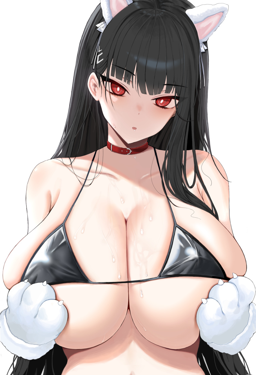 1girl absurdres alternate_costume animal_ears animal_hands bikini bikini_top_only black_bikini black_hair blue_archive blush breasts cat_ears cat_girl choker cleavage collar commentary covered_nipples dripping gloves grabbing_own_breast highres huge_breasts looking_at_viewer micro_bikini paw_gloves red_eyes rio_(blue_archive) sideboob simple_background solo sweat sweatdrop swimsuit tongtangtong underboob upper_body wet white_background