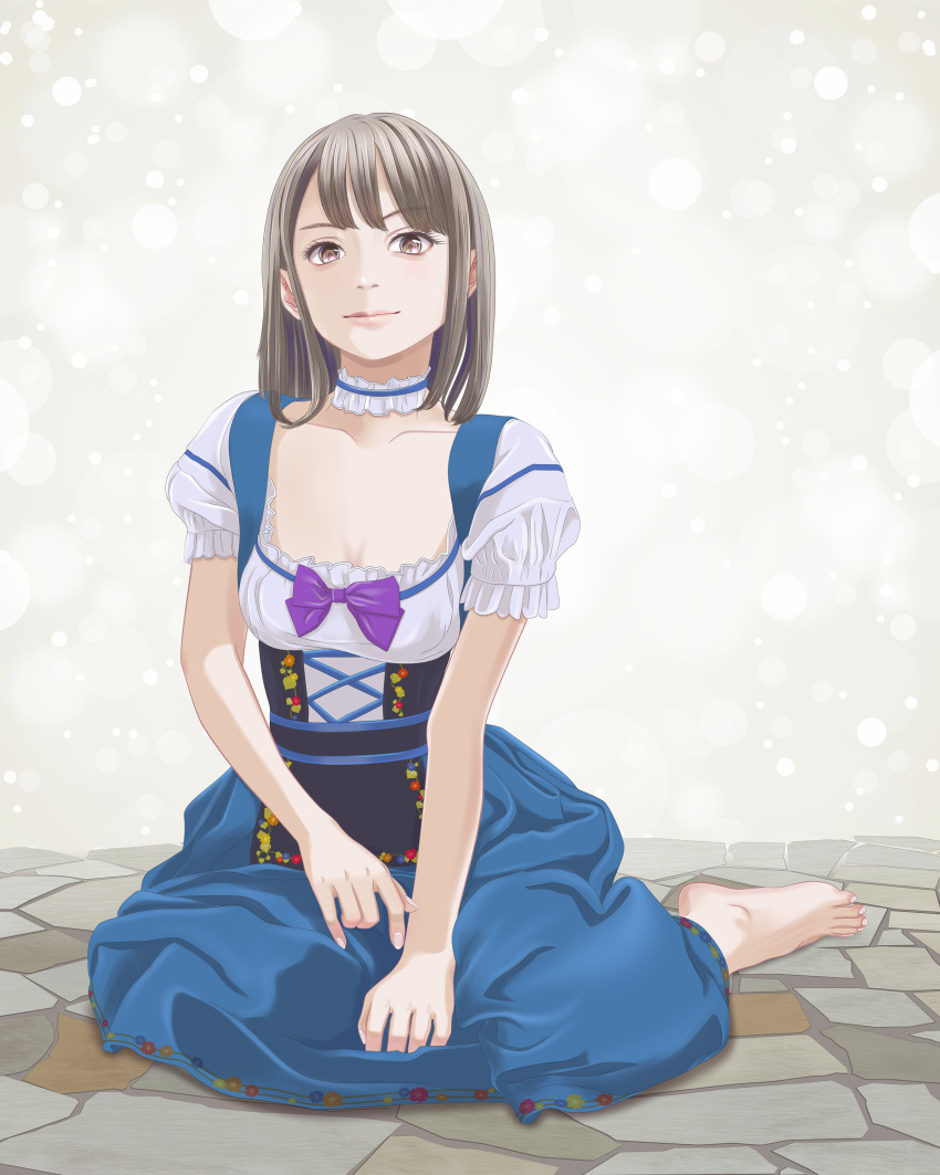 1girl absurdres barefoot blue_choker blue_dress blush bow breasts brown_eyes brown_hair choker cleavage closed_mouth collarbone dirndl dress feet frilled_choker frills full_body german_clothes grey_background highres looking_at_viewer medium_breasts medium_hair on_ground original parted_bangs puffy_short_sleeves puffy_sleeves purple_bow shadow short_sleeves sitting smile solo toenails toes toyoki underbust white_dress