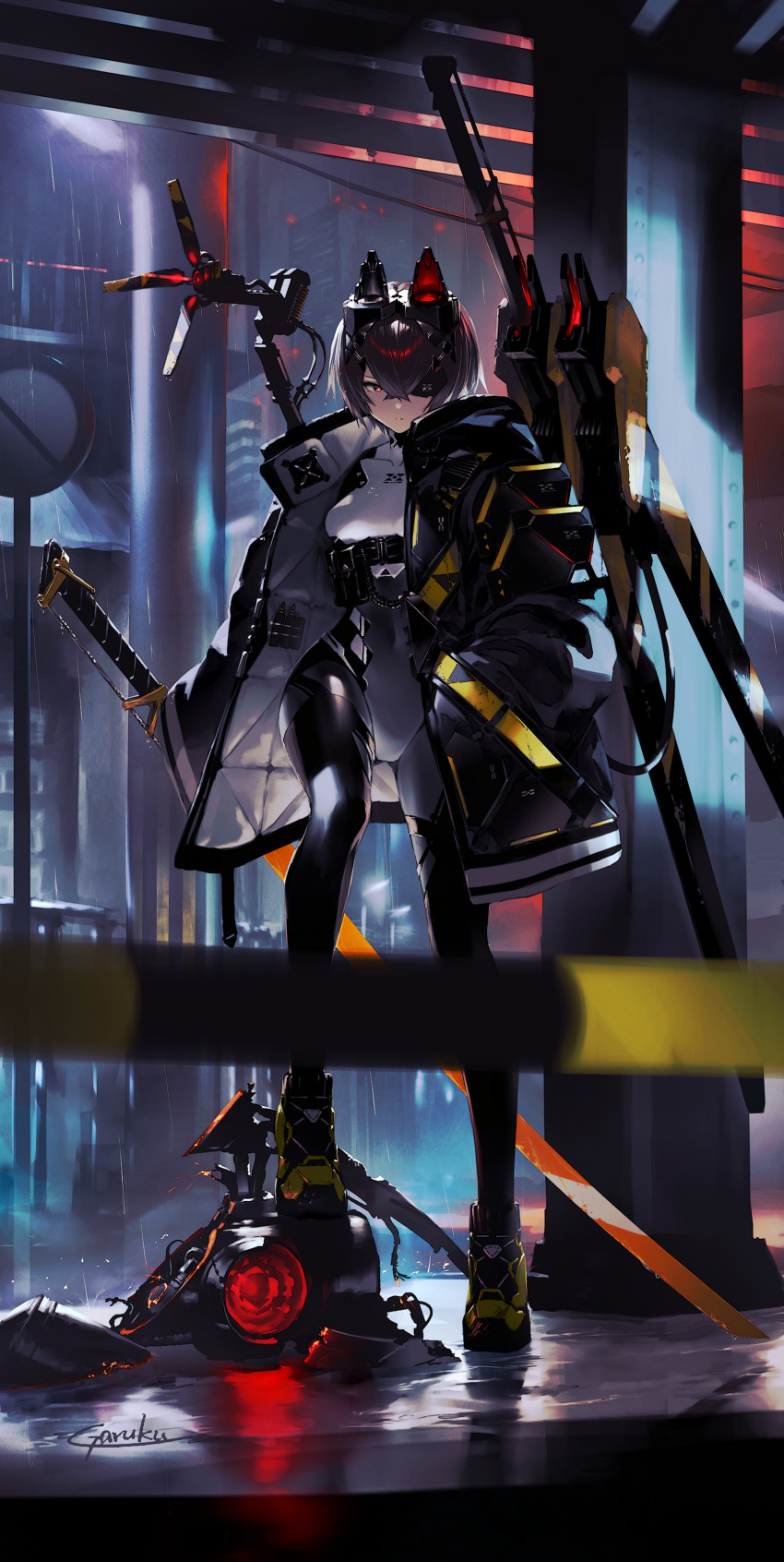 1girl absurdres black_hair blurry blurry_foreground bodysuit city crossed_bangs eyepatch garuku goggles goggles_on_head hand_in_pocket high_collar highres holding holding_sword holding_weapon jacket looking_at_viewer open_clothes open_jacket orange_eyes original robot short_hair solo sword weapon