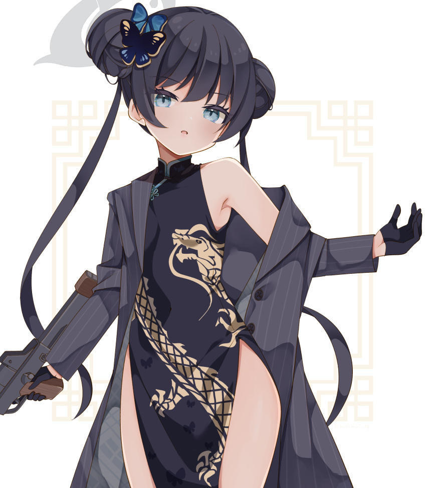 1girl absurdres armpits black_coat black_dress black_gloves black_hair blue_archive blue_eyes butterfly_hair_ornament china_dress chinese_clothes coat commentary_request cs/ls06 double_bun dress gloves gun hair_between_eyes hair_bun hair_ornament halo head_tilt highres holding holding_gun holding_weapon kisaki_(blue_archive) long_hair long_sleeves looking_at_viewer open_clothes open_coat parted_lips print_dress saekiya_sabou side_slit sidelocks simple_background solo twintails weapon white_background