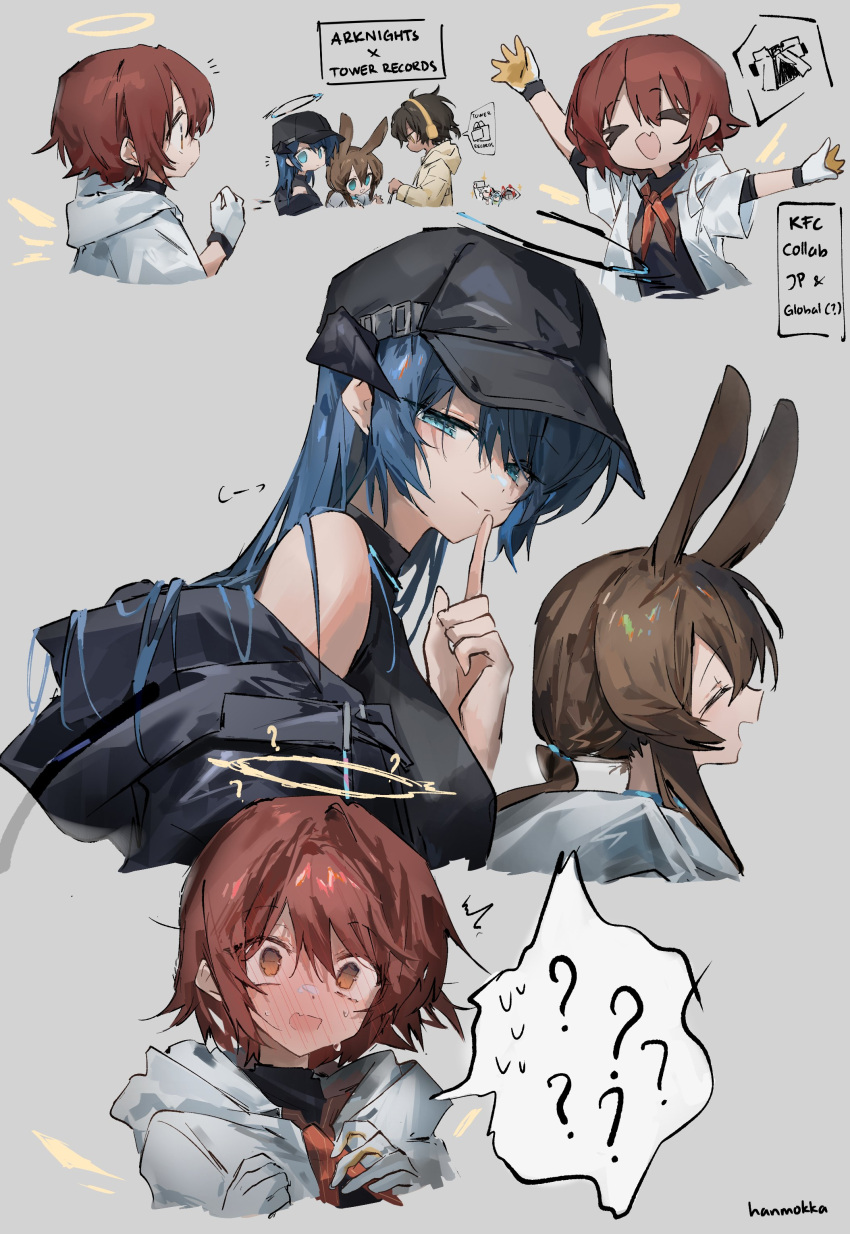 &gt;_&lt; 3boys 4girls ? absurdres alternate_costume amiya_(arknights) animal_ears arknights artist_name baseball_cap black_headwear black_shirt blue_eyes blue_hair blush brown_hair chibi closed_eyes commentary cropped_torso elysium_(arknights) embarrassed english_text exusiai_(arknights) exusiai_(city_rider)_(arknights) finger_to_mouth gloves grey_background half-closed_eyes halo happy hat highres hood hoodie horns implied_yuri kuroyamamiyuki mizuki_(arknights) mostima_(arknights) multiple_boys multiple_girls nervous_sweating orange_eyes ponytail rabbit_ears red_hair shirt short_hair shushing sketch spoken_question_mark sweat thorns_(arknights) w_(arknights) white_gloves white_hoodie wings