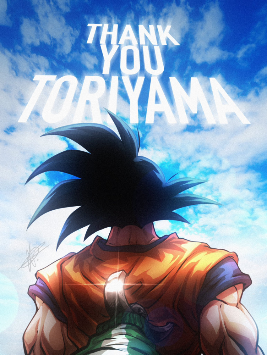 1boy artist_name back black_hair cloud cloudy_sky daffduff day dougi dragon_ball dragon_ball_z english_text highres male_focus muscular muscular_male outdoors short_hair sky son_goku spiked_hair thank_you toriyama_akira_(character)