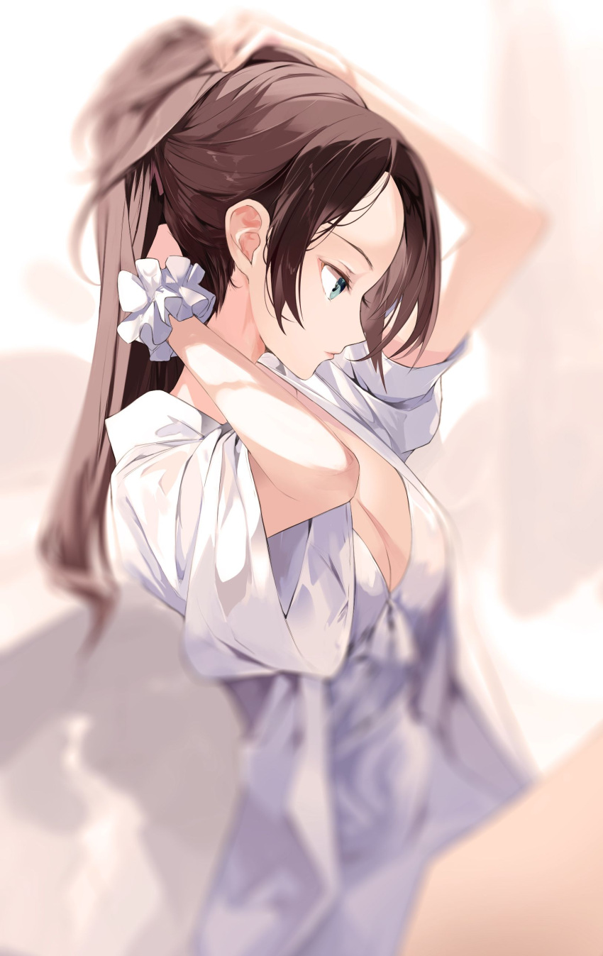 1girl absurdres adjusting_hair aqua_eyes arm_up artist_request blurry breasts brown_hair cleavage closed_mouth commentary_request commission from_side grey_background hand_up high_ponytail highres jeon_soyeong_(cheonbi) knee_up korean_commentary lips long_hair looking_down medium_breasts open_clothes original pajamas profile scrunchie second-party_source short_sleeves sitting sleeves_rolled_up solo upper_body v-neck white_background white_scrunchie wide_sleeves wrist_scrunchie