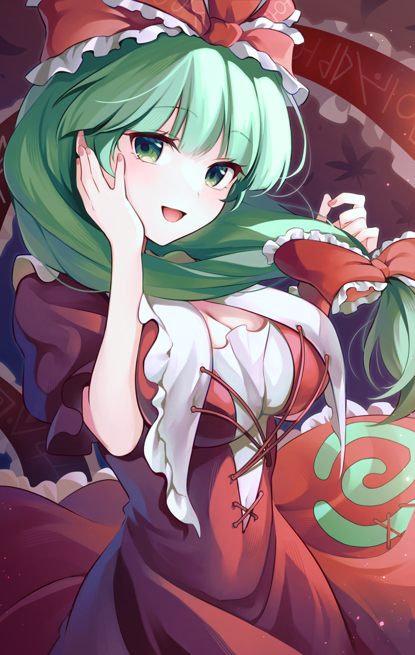 1girl :d absurdres breasts cleavage commentary_request commission dress frilled_ribbon frills front_ponytail green_eyes green_hair hair_ribbon hand_on_own_cheek hand_on_own_face hands_up highres kagiyama_hina long_hair looking_at_viewer open_mouth pixiv_commission puffy_short_sleeves puffy_sleeves red_dress red_ribbon ribbon short_sleeves smile solo torimarururu touhou