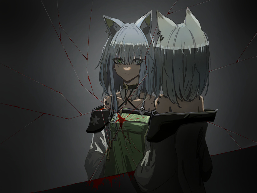 1girl animal_ear_fluff animal_ear_piercing animal_ears arknights bare_shoulders blood blood_on_mirror broken_mirror cat_ears cat_girl chinese_commentary closed_mouth coat commentary_request dark different_reflection dress eyes_visible_through_hair green_dress green_eyes grey_hair hair_between_eyes hair_over_eyes highres ji_qiqiqi_(xinjinjumin3866947) kal'tsit_(arknights) long_sleeves looking_at_mirror looking_at_self material_growth medium_hair mirror off_shoulder open_clothes open_coat oripathy_lesion_(arknights) paranoid reflection serious solo standing stethoscope upper_body white_coat