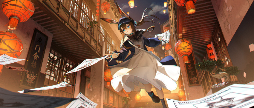 1girl absurdres amiya_(arknights) amiya_(newsgirl)_(arknights) animal_ears architecture arknights ascot baseball_cap black_ascot black_footwear black_headwear black_socks blue_coat blue_eyes brown_hair building ch'en_(arknights) cloud coat commentary_request dress ears_through_headwear east_asian_architecture hat headphones highres holding holding_newspaper implied_extra_ears infection_monitor_(arknights) jewelry lantern long_hair long_sleeves missing_poster multiple_rings newspaper night night_sky official_alternate_costume open_clothes open_coat open_mouth outdoors paper_lantern ponytail rabbit_ears rabbit_girl reanalysis rhodes_island_logo_(arknights) ring sky socks solo thumb_ring tree white_bag white_dress wide_shot
