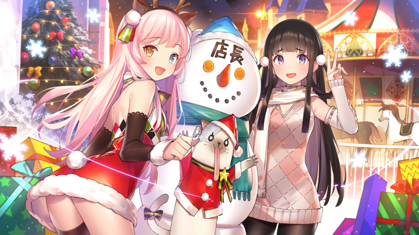 2girls :d antlers ass back bare_shoulders bent_over black_hair black_legwear blue_eyes box carousel christmas christmas_tree detached_sleeves dress eksistere_kyrenia fake_tail fur_trim gift gift_box girl_cafe_gun hairband halter_dress halterneck hand_up heterochromia highres kikuri_yuki long_hair long_sleeves looking_at_viewer looking_back multiple_girls official_art open_mouth orange_eyes outdoors pantyhose pink_hair poppuqn purple_eyes red_dress reindeer_antlers scarf short_dress single_thighhigh sleeveless sleeveless_dress smile snowflakes snowman sweater sweater_dress tail thighhighs v