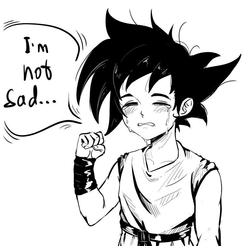 1boy absurdres bare_shoulders belt blush clenched_hand dragon_ball english_text geus_(just_geus) hand_up highres medium_hair messy_hair sad solo son_goku speech_bubble tears teeth upper_body