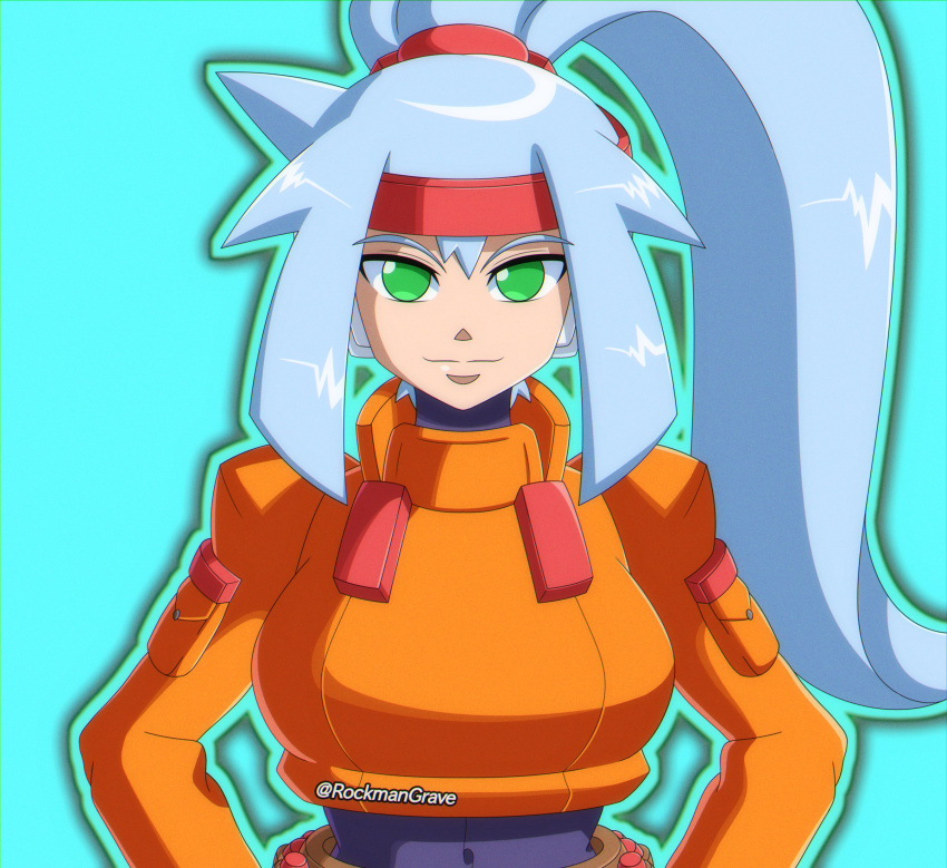 1girl ashe_(mega_man) belt black_bodysuit blue_background blue_hair bodysuit bodysuit_under_clothes brown_belt cropped_jacket green_eyes high_ponytail highres jacket light_blue_hair mega_man_(series) mega_man_zx mega_man_zx_advent orange_jacket robot_ears rockmangrave simple_background solo upper_body