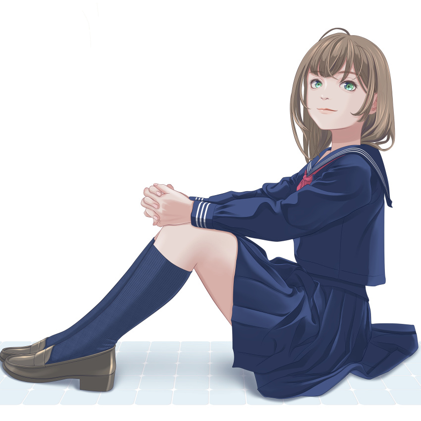 1girl absurdres blue_serafuku blue_skirt brown_footwear brown_hair closed_mouth commentary eyelashes full_body green_eyes highres knees_up legs loafers long_hair long_sleeves looking_at_viewer neckerchief original own_hands_together pleated_skirt red_neckerchief ribbed_socks sailor_collar school_uniform serafuku shadow shoes skirt solo toyoki white_background