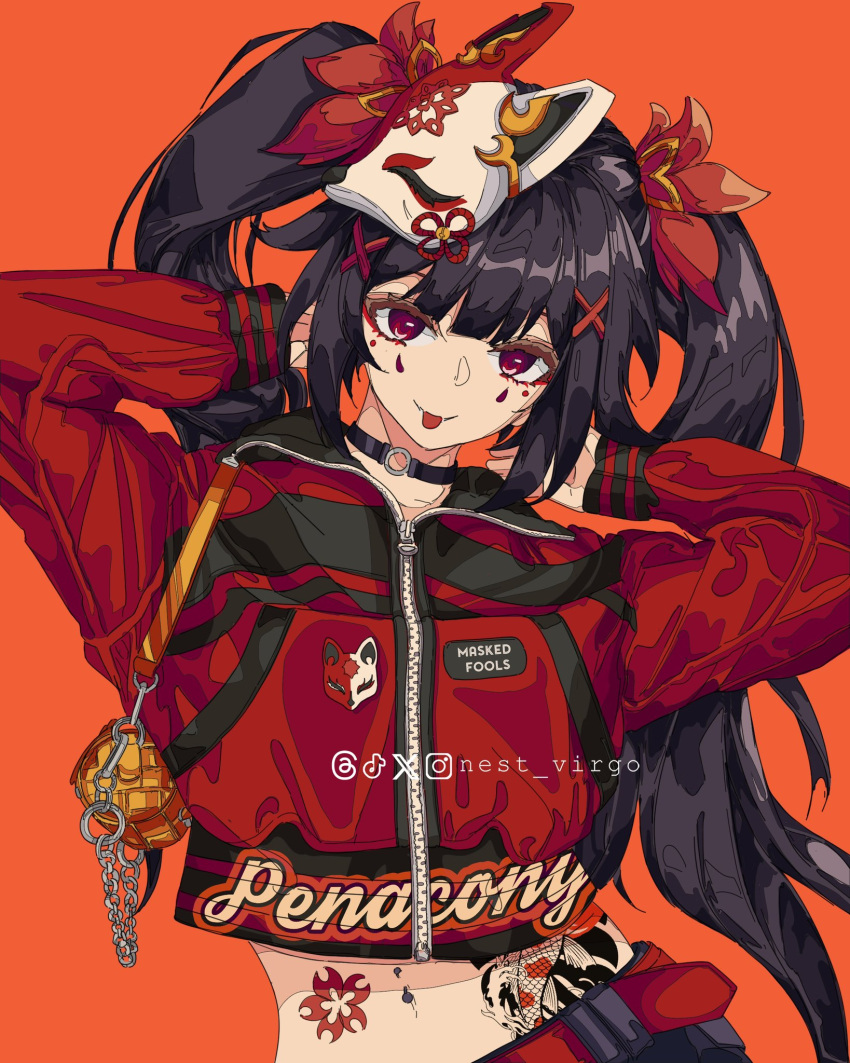 1girl :p arms_behind_head black_choker black_hair bow choker closed_mouth contrapposto cowboy_shot cropped_jacket eyeliner fox_mask hair_bow hands_on_own_head head_tilt highres honkai:_star_rail honkai_(series) jacket long_hair long_sleeves looking_at_viewer makeup mask mask_on_head midriff navel nest_virgo o-ring orange_background pink_eyes red_bow red_eyeliner red_jacket sidelocks simple_background smile solo sparkle_(honkai:_star_rail) stomach tongue tongue_out twintails