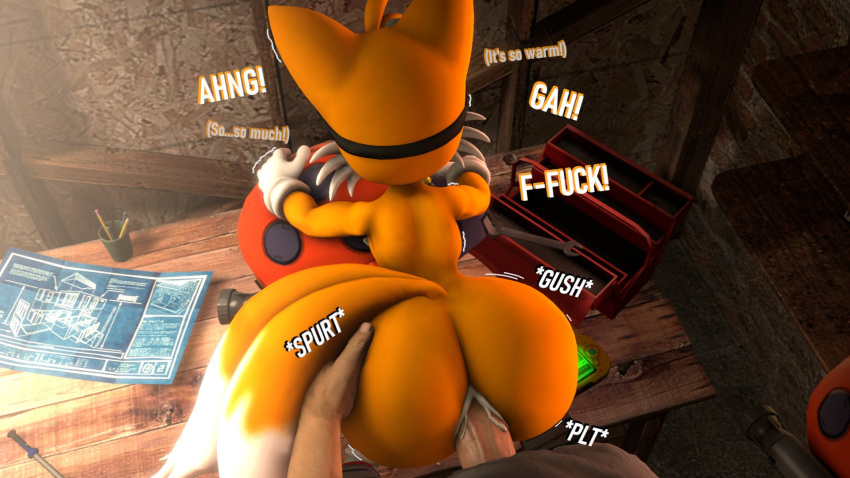 aidenz anal anal_penetration anthro big_butt bodily_fluids butt canid canine cum cum_in_ass cum_inside dipstick_tail doggystyle duo fox from_behind_position genital_fluids hi_res human human_on_anthro interspecies male male/male mammal markings miles_prower penetration sega sex sonic_the_hedgehog_(series) tail tail_markings yellow_body