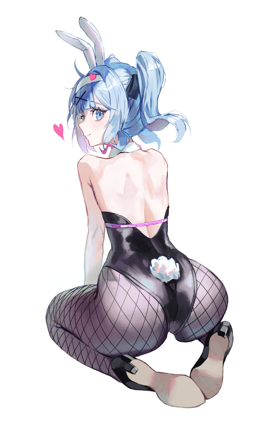 1girl absurdres animal_ears ass bare_shoulders black_leotard blue_eyes blue_hair breasts commentary detached_collar dotthebot fake_animal_ears hair_ornament hatsune_miku highres leotard looking_at_viewer open_mouth pantyhose playboy_bunny rabbit_ears rabbit_hole_(vocaloid) smile solo teardrop_facial_mark twintails vocaloid x_hair_ornament