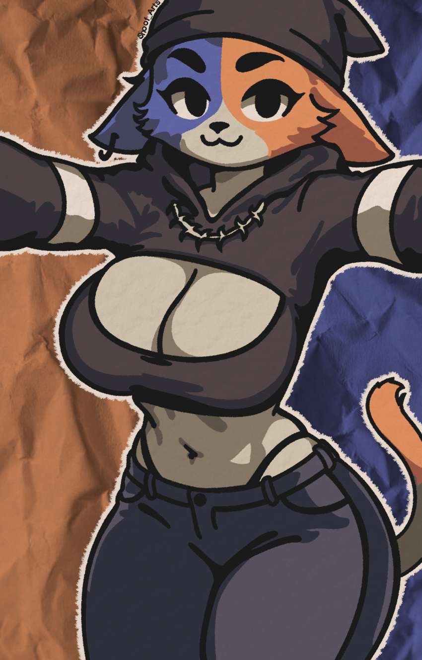 :3 absurdres breasts cleavage_cutout clothing_cutout crop_top fortnite furry furry_female highres large_breasts meow_skulls_(fortnite) multicolored_fur snoofarts