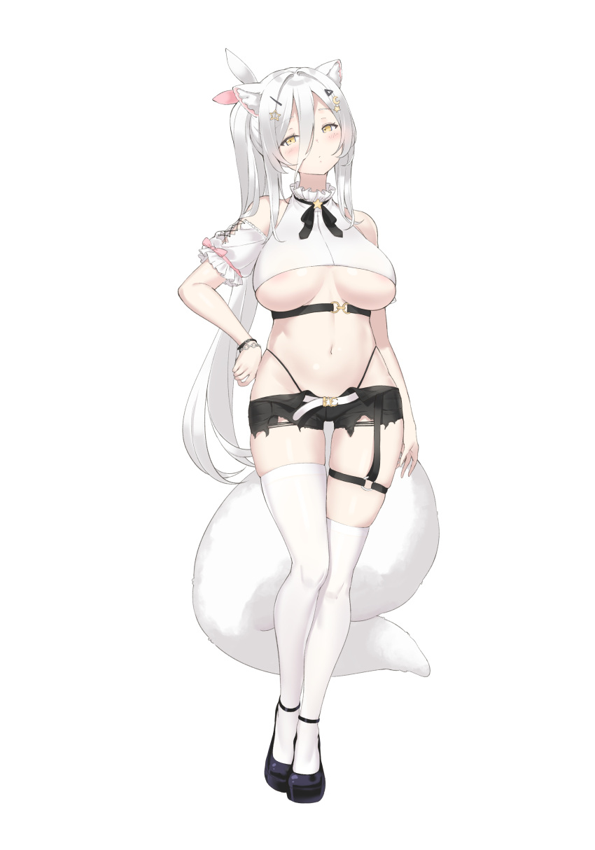 1girl absurdres animal_ears arctic_fox_(_ppo) areola_slip bare_shoulders belt black_footwear black_panties black_shorts blush breasts commentary_request commission crop_top cropped_shirt detached_sleeves fox_ears fox_girl fox_tail frilled_sleeves frills full_body groin hair_between_eyes hair_ornament hair_ribbon hairclip hand_on_own_hip highleg highleg_panties highres keibeam korean_commentary large_breasts large_tail long_hair looking_at_viewer micro_shorts midriff navel no_bra open_fly original panties panty_straps ponytail revealing_clothes revision ribbon second-party_source shirt shoes short_sleeves shorts simple_background sleeveless sleeveless_shirt solo standing stomach tail thigh_strap thighhighs torn_clothes torn_shorts underboob underwear white_background white_hair white_shirt white_thighhighs wristband yellow_eyes