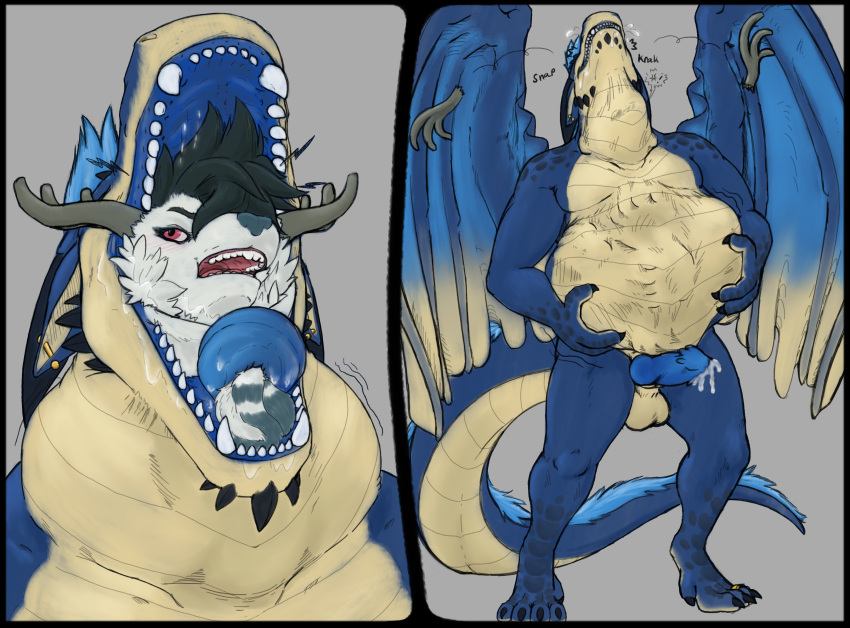 abdominal_bulge absurd_res animal_genitalia anthro antlers balls belly belly_scales black_claws black_hair black_horn blue_body blue_fur blue_hair blue_nose blue_penis blue_scales blue_tongue bodily_fluids brown_antlers claws digestion digit_ring dragon drembonaarkrah dripping duo ear_piercing earykel eli-eternity erection european_mythology facial_spikes feet feet_first forced fur genital_fluids genitals hair hi_res horn jackalope jewelry lagomorph leaking_precum male male/male mammal mane mane_hair membrane_(anatomy) membranous_wings muffled muffled_screaming muffled_speech mythological_creature mythological_scalie mythology neck_bulge open_mouth oral_vore penis piercing precum precum_drip predator/prey purple_eyes ring saliva saliva_on_tongue scales scalie sheath size_difference snap spikes spikes_(anatomy) swallowing tail tan_body tan_chest tan_scales teeth teeth_showing toe_ring toes tongue tongue_wrap unwilling_prey vore western_dragon white_body white_chest white_chest_tuft wings