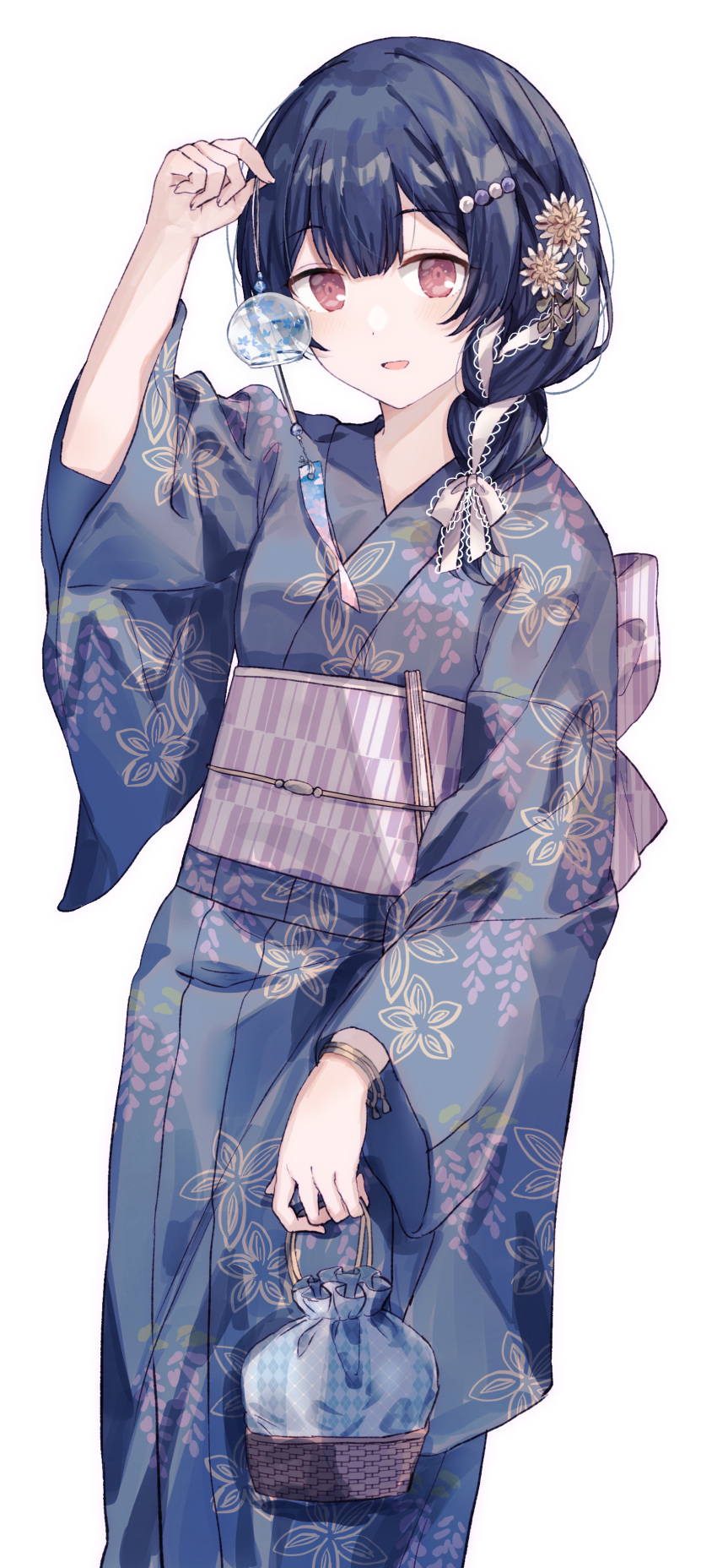 1girl absurdres arm_up bag bangs blue_hair blue_kimono blush eyebrows_visible_through_hair floral_print flower gocoli hair_flower hair_ornament highres holding holding_bag idolmaster idolmaster_shiny_colors japanese_clothes kimono long_hair long_sleeves looking_at_viewer morino_rinze obi open_mouth print_kimono red_eyes sash simple_background smile solo standing white_background wide_sleeves wind_chime wristband yellow_flower