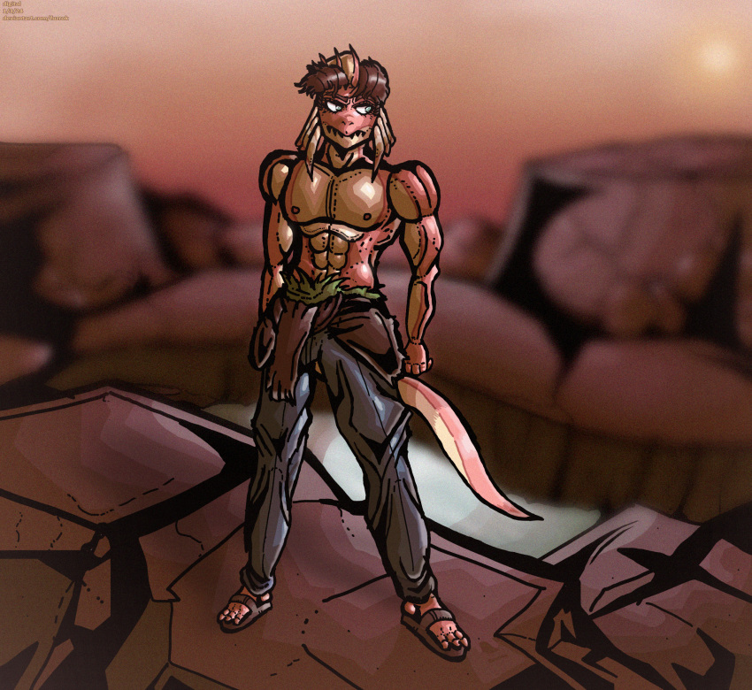 2024 3_toes abs anthro areola artist_name brown_hair cavemanon_studios clothed clothing damien_payne dated detailed_background digital_drawing_(artwork) digital_media_(artwork) dilophosaurid dilophosaurus dinosaur eyelashes feet fingers footwear frill_(anatomy) fuzrok hair hi_res i_wani_hug_that_gator long_tail male multicolored_body multicolored_scales muscular muscular_anthro muscular_male nipples outside pecs red_body red_scales reptile sandals scales scalie sharp_teeth short_hair solo tail tan_body tan_scales teal_eyes teeth theropod toes topless topless_anthro topless_male two_tone_body two_tone_scales watermark