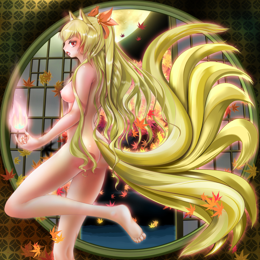 1girl absurdres animal_ears ass autumn_leaves blonde_hair breasts completely_nude fang fox_ears fox_girl fox_tail from_side hair_ornament highres hitodama kitsune kyuubi lattice leaf long_hair maple_leaf miharin moon multiple_tails nipples nude original red_eyes tail