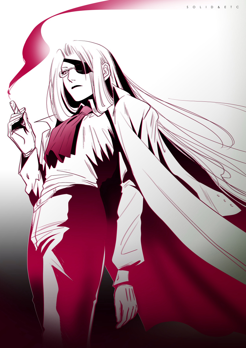 1girl absurdres artist_name ascot breasts cigar coat coat_on_shoulders eyepatch from_below frown glasses gloves hellsing highres holding holding_cigar integra_hellsing limited_palette long_hair red_ascot small_breasts smoke solo toshimichi_yukari