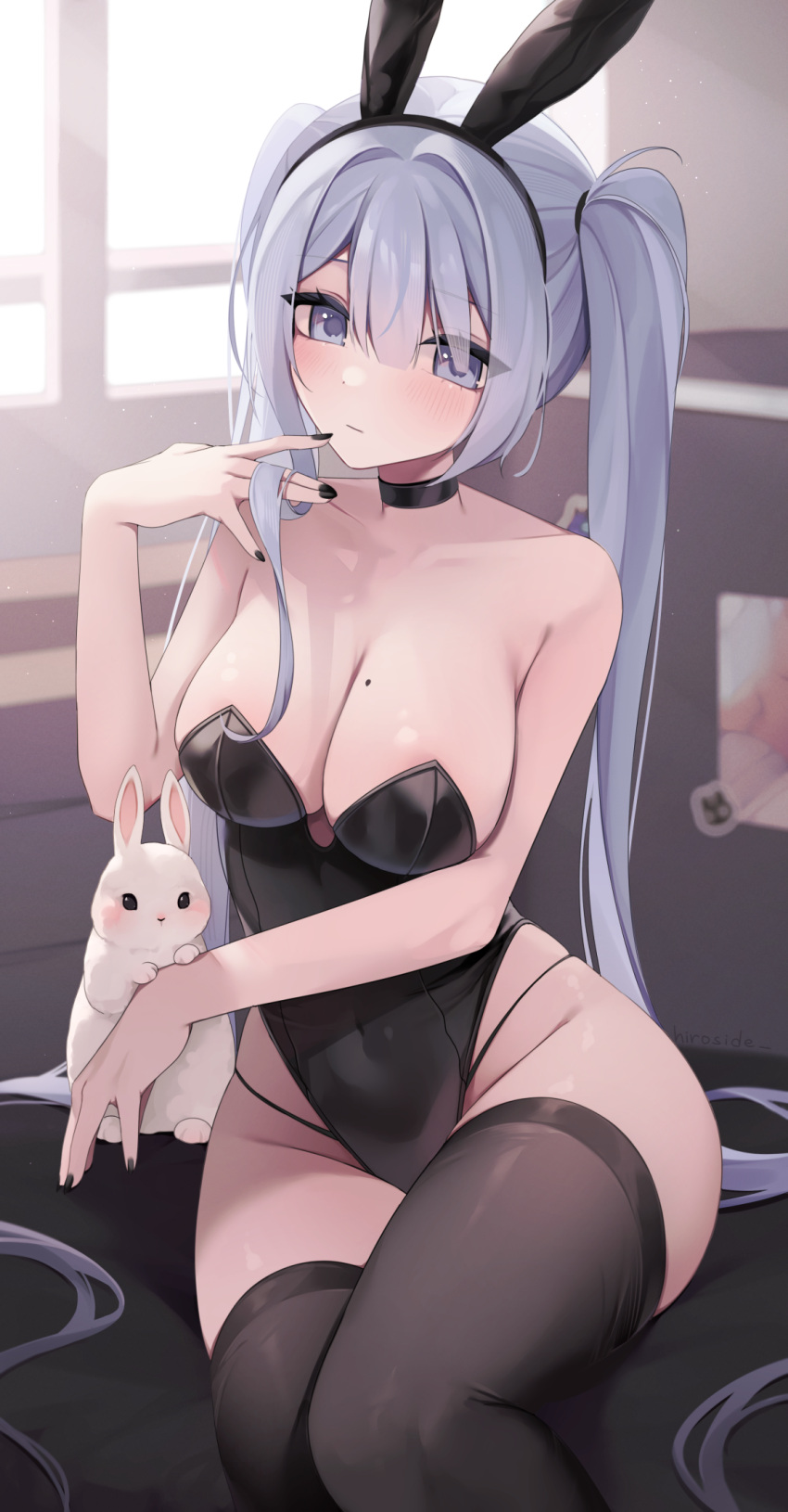 1girl animal_ears bare_shoulders black_choker black_leotard black_thighhighs blush breasts choker fake_animal_ears grey_eyes grey_hair hair_between_eyes highleg highleg_leotard highres hiroside large_breasts leotard long_hair looking_at_viewer mole mole_on_breast original playboy_bunny rabbit rabbit_ears sitting solo strapless strapless_leotard thighhighs twintails