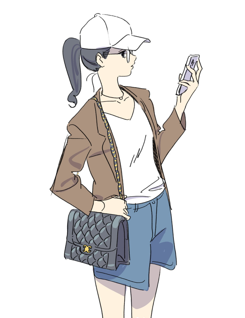 1girl bag baseball_cap black_hair blue_shorts brown_jacket cellphone cowboy_shot glasses hand_up handbag hat highres holding holding_phone jacket jewelry kariya_(kry_aia) long_sleeves necklace open_clothes original phone ponytail profile shirt shorts shoulder_bag simple_background solo standing white_background white_headwear white_shirt