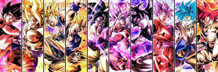 1boy abs angry aura bare_shoulders biceps black_eyes black_hair blonde_hair blue_eyes blue_hair blue_shirt blue_wristband body_fur border charging_forward clenched_hand clenched_hands clenched_teeth collarbone commentary_request cowboy_shot dougi dragon_ball dragon_ball_gt dragon_ball_super dragon_ball_z dragon_ball_z_fukkatsu_no_f dragon_ball_z_kami_to_kami electricity energy energy_ball feet_out_of_frame fighting_stance green_eyes grey_eyes halo highres incoming_attack incoming_punch injury kaiouken kamehameha_(dragon_ball) kicking long_hair looking_at_viewer male_focus medium_hair monkey_boy monkey_tail multiple_views muscular muscular_male no_eyebrows orange_pants orange_shirt outside_border pants pectorals pink_fur powering_up punching red_eyes red_hair roundhouse_kick saiyan scratches sekitsuki_hayato serious shirt son_goku spiked_hair spiky super_saiyan super_saiyan_1 super_saiyan_2 super_saiyan_3 super_saiyan_4 super_saiyan_blue super_saiyan_god tail teeth topless topless_male torn_clothes torn_pants torn_shirt transparent_border ultra_instinct upper_body v-shaped_eyebrows white_hair wristband yellow_eyes yellow_pants