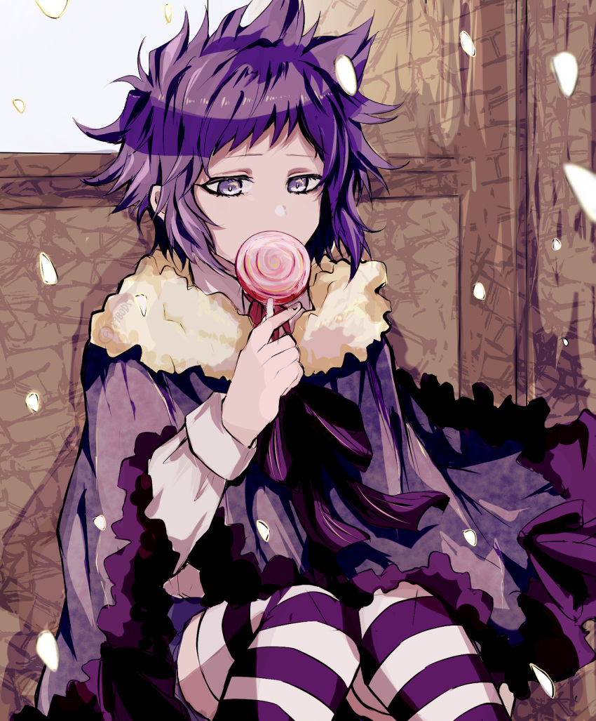 1girl candy cloak d.gray-man eyelashes food fur-trimmed_cloak fur_trim goth_fashion highres holding holding_candy holding_food holding_lollipop knees_up lollipop looking_down petite purple_eyes purple_hair purple_ribbon ribbon road_kamelot sad shirt short_hair sitting skirt sodamachi solo spiked_hair striped_clothes striped_thighhighs swirl_lollipop thighhighs