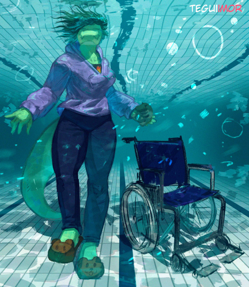 2024 5_fingers anthro artist_name baryonyx breasts cavemanon_studios clothing detailed_background digital_drawing_(artwork) digital_media_(artwork) dinosaur disability eyes_closed female fingers footwear green_body green_scales hair hi_res hoodie i_wani_hug_that_gator long_tail non-mammal_breasts olivia_halford paraplegic reptile scales scalie shoes short_hair slippers solo spinosaurid swimming_pool tail teguimore theropod topwear underwater vehicle water watermark wheelchair