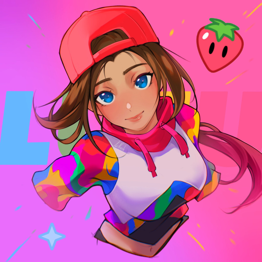 1girl animification backwards_hat blue_eyes blush brown_hair drawstring floating_hair food fortnite fruit hat highres long_hair looking_at_viewer loserfruit midriff_peek multicolored_sweater navel noush pink_headwear pink_lips ponytail real_life smile solo sparkle strawberry upper_body