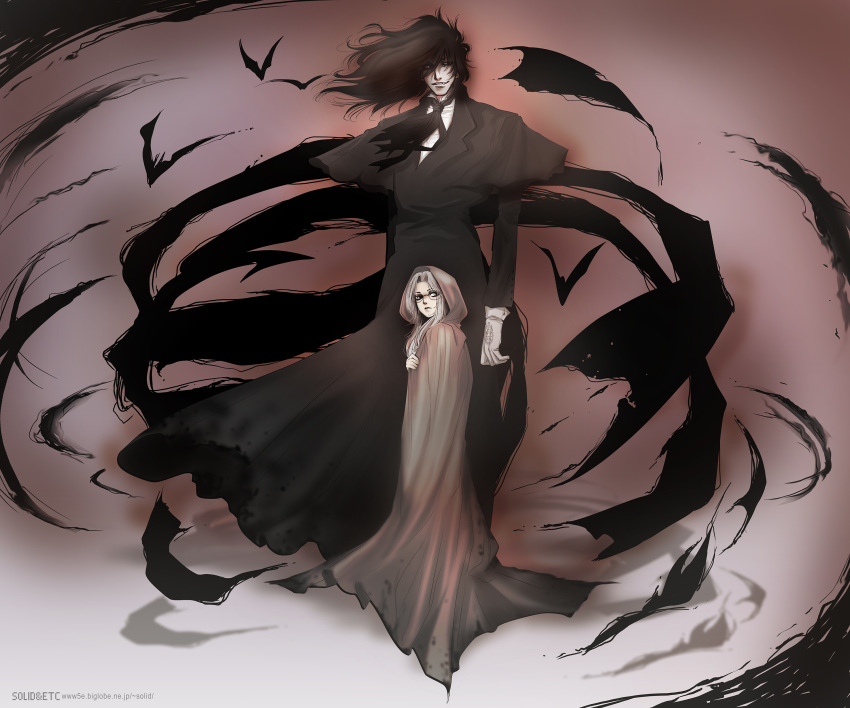 1boy 1girl absurdres aged_down alucard_(hellsing) artist_name bat_(animal) black_capelet black_coat brown_cloak capelet cloak coat height_difference hellsing highres hood hooded_cloak integra_hellsing long_hair sepia size_difference smile toshimichi_yukari web_address