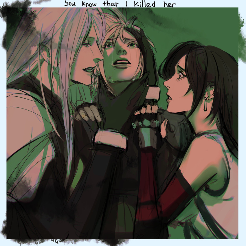 1girl 2boys black_hair blonde_hair border boy_and_girl_sandwich cloud_strife english_text final_fantasy final_fantasy_vii final_fantasy_vii_rebirth final_fantasy_vii_remake fingerless_gloves gloves grey_hair hand_on_another's_shoulder hands_on_another's_face highres looking_up multiple_boys sandwiched sephiroth teardrop_earrings tears tifa_lockhart white_border ymr18