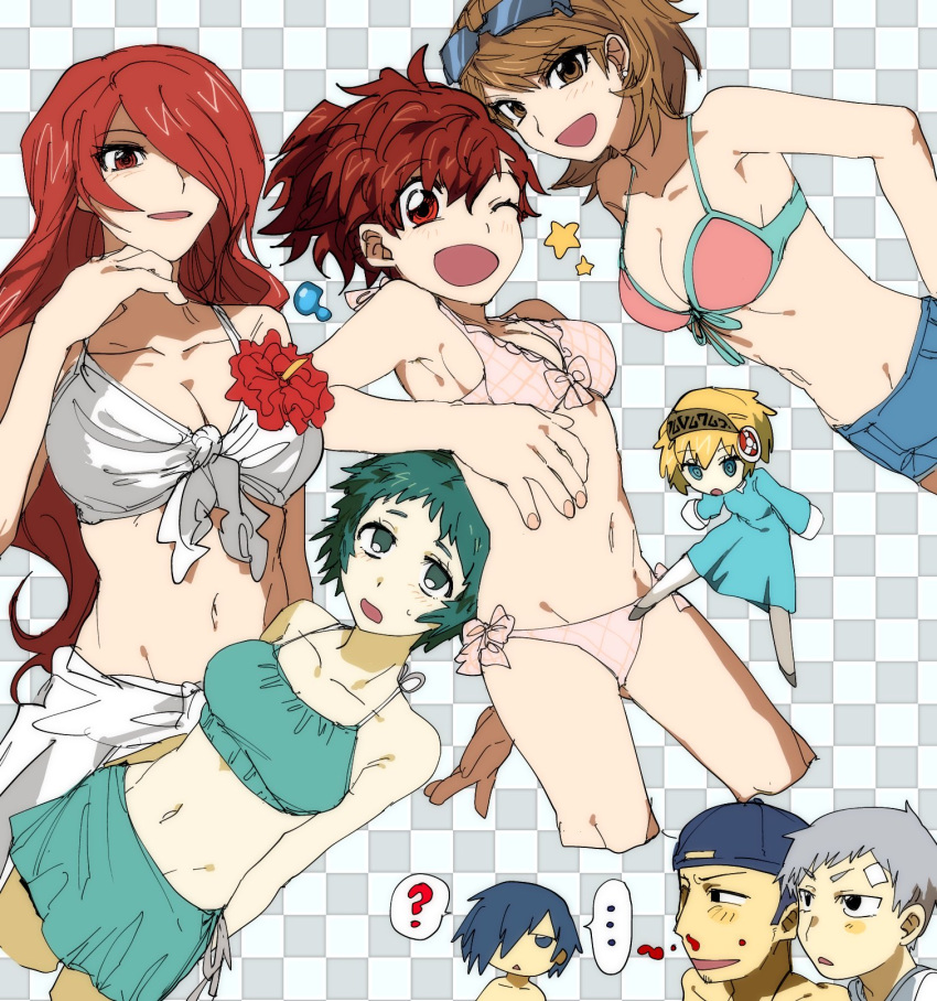 3boys 5girls :d ;d aegis_(persona) aroused_nosebleed backwards_hat baseball_cap bikini bikini_top_only blonde_hair blood blue_dress blue_eyes blue_shorts blush bnna-0208 brown_hair cropped_legs dress eyewear_on_head flower front-tie_bikini_top front-tie_top green_eyes green_hair grid_background groin_tendon hair_over_one_eye hand_up hat hibiscus highres iori_junpei kirijou_mitsuru long_hair looking_at_viewer multiple_boys multiple_girls nosebleed one_eye_closed open_mouth persona persona_3 persona_3_portable pink_bikini ponytail red_eyes red_flower red_hair sanada_akihiko sarong shiomi_kotone short_hair shorts side-tie_bikini_bottom smile star_(symbol) sunglasses sweat swimsuit takeba_yukari white_background white_bikini white_sarong yamagishi_fuuka yuuki_makoto_(persona_3)