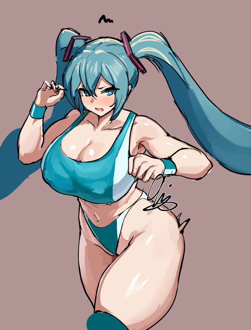 1girl 9is absurdres alternate_breast_size alternate_costume aqua_eyes aqua_hair armpits biceps blush breasts collarbone covered_nipples cowboy_shot deltoids double-parted_bangs hair_ornament hatsune_miku highleg highleg_panties highres huge_breasts long_hair nose_blush open_mouth panties partially_visible_vulva signature skindentation sports_bra thighhighs twintails underwear very_long_hair vocaloid wedgie workout_clothes wristband