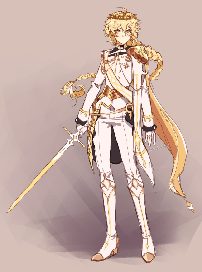 1boy aether_(genshin_impact) ahoge armor artist_name asymmetrical_armor asymmetrical_clothes blonde_hair boots braid buttons cape coat crown earrings genshin_impact gloves gold_crown gold_earrings gold_trim hair_between_eyes highres holding holding_sword holding_weapon jewelry long_hair male_focus medal pants prince redbeanegg sash shoes short_hair_with_long_locks single_braid single_earring single_shoe sketch solo sword weapon white_coat white_footwear white_gloves white_pants yellow_cape yellow_eyes yellow_sash