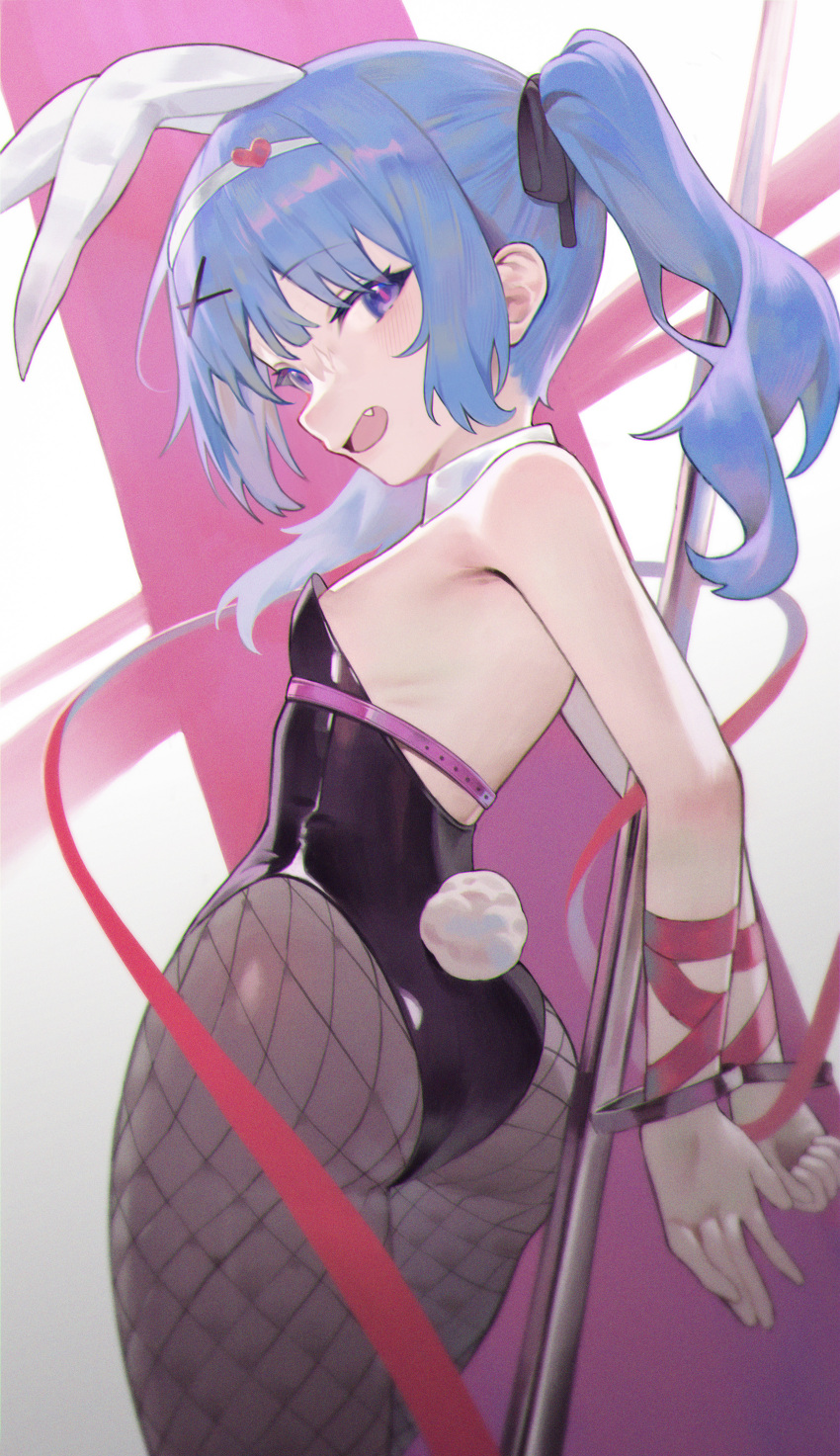 absurdres animal_ears arms_behind_back ass bare_shoulders black_leotard black_ribbon blue_eyes blue_hair blush bound bound_wrists breasts clenched_hand cowboy_shot cuffs fake_tail fang fishnet_pantyhose fishnets from_behind hair_ribbon hairband handcuffs hatsune_miku highres leotard looking_at_viewer medium_hair merong_(sou47897) open_mouth oversized_breast_cup pantyhose pink_pupils playboy_bunny pole rabbit_ears rabbit_hole_(vocaloid) rabbit_tail red_ribbon ribbon sidelocks small_breasts stripper_pole tail thighhighs twintails underbust white_hairband