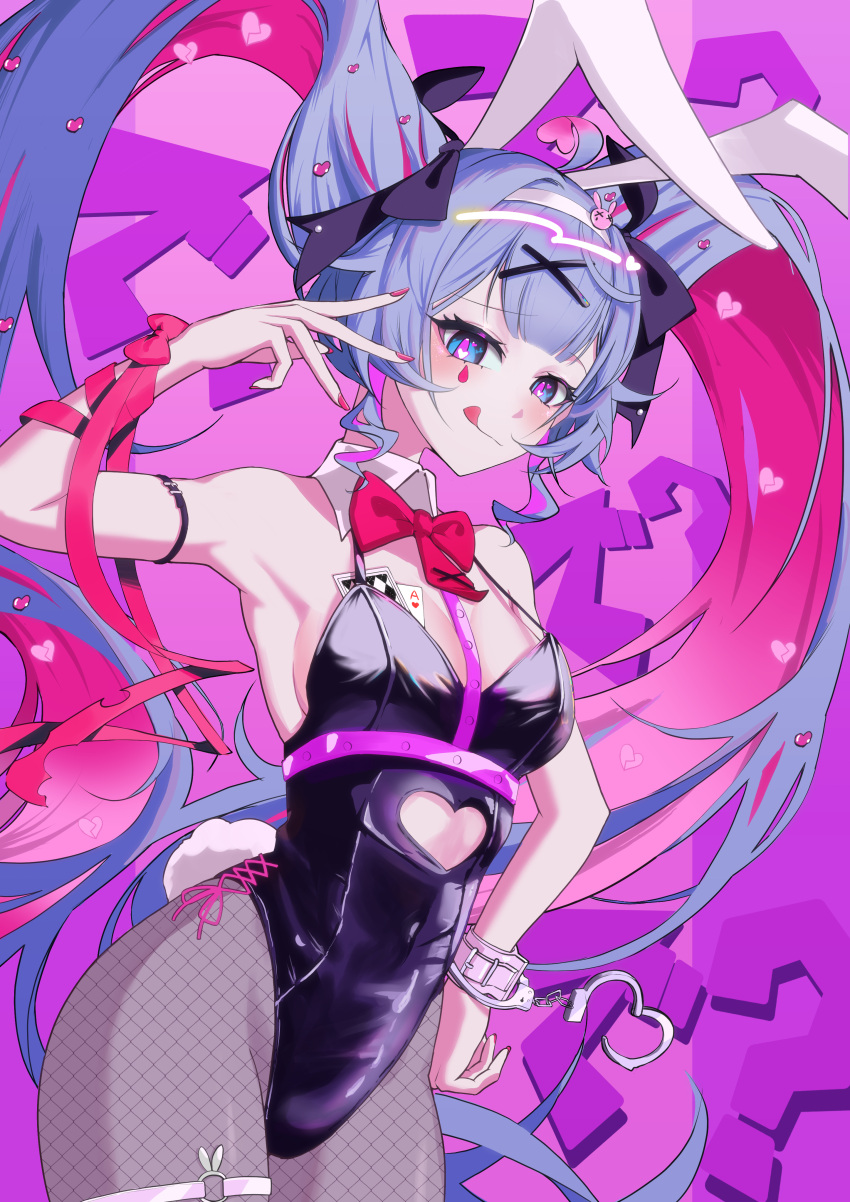 1girl absurdres animal_ears atenderliver black_leotard blue_eyes blue_hair blush breasts cuffs detached_collar fake_animal_ears fake_tail handcuffs hatsune_miku highleg highleg_leotard highres leotard licking_lips long_hair looking_at_viewer pantyhose playboy_bunny rabbit_ears rabbit_hole_(vocaloid) rabbit_tail smile solo tail tongue tongue_out twintails very_long_hair vocaloid