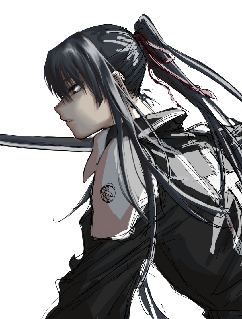 1boy black_hair black_order_uniform blue_eyes commentary_request d.gray-man fighting_stance from_side high_ponytail highres holding holding_sword holding_weapon kanda_yuu katana long_hair looking_ahead male_focus nemui_draw parted_lips ponytail profile sketch solo sword uniform upper_body weapon white_background