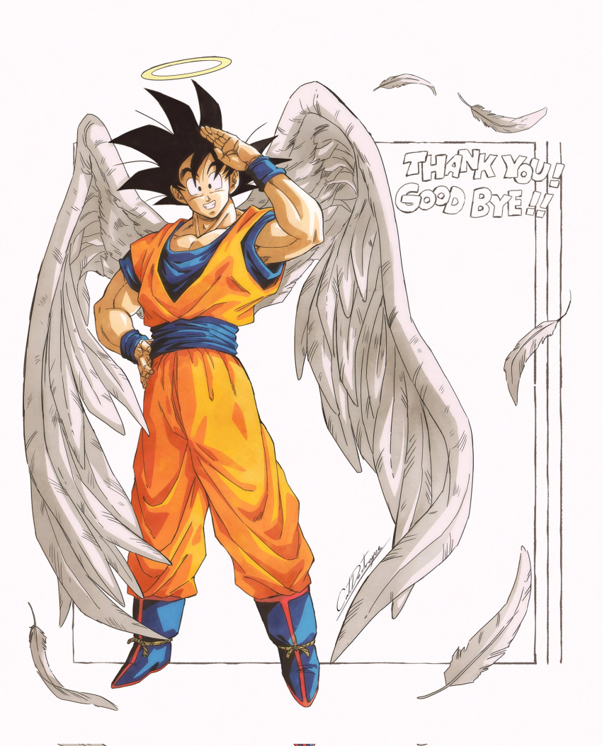 1boy angel_wings black_hair blue_footwear blue_shirt boots catdestroyer dougi dragon_ball dragon_ball_z feathered_wings halo highres orange_pants orange_shirt pants salute shirt signature simple_background solo son_goku thank_you white_background wings