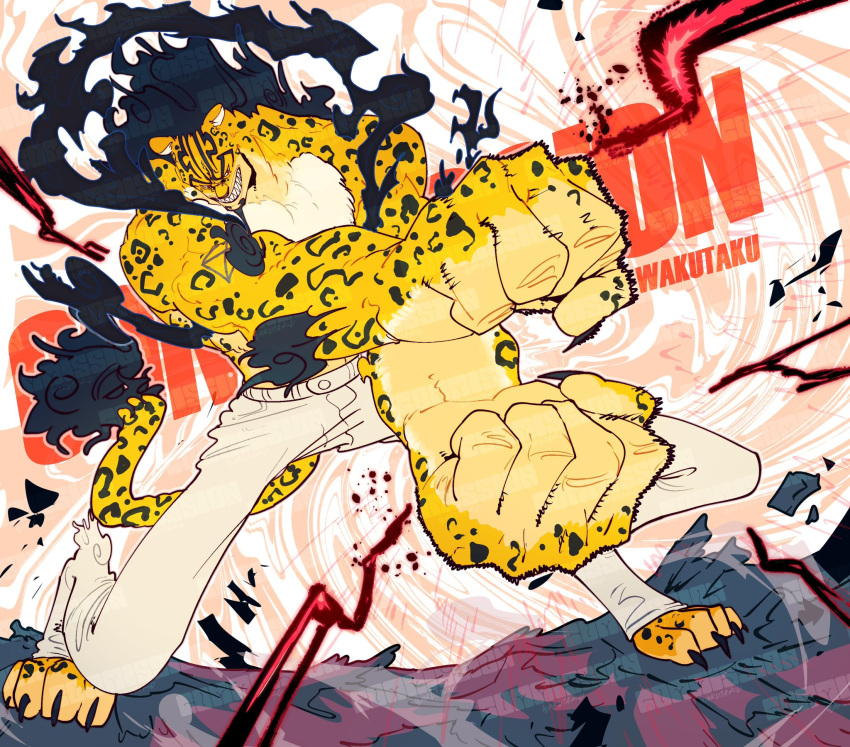 1boy alternate_form artist_name black_fire black_hair claws clenched_hands commentary commission english_commentary english_text facial_hair fighting_stance fire furry furry_male goatee grin highres leopard_boy long_hair male_focus one_piece pants red_eyes rob_lucci rubble sharp_teeth smile taku_(aywakutakuay) teeth white_pants