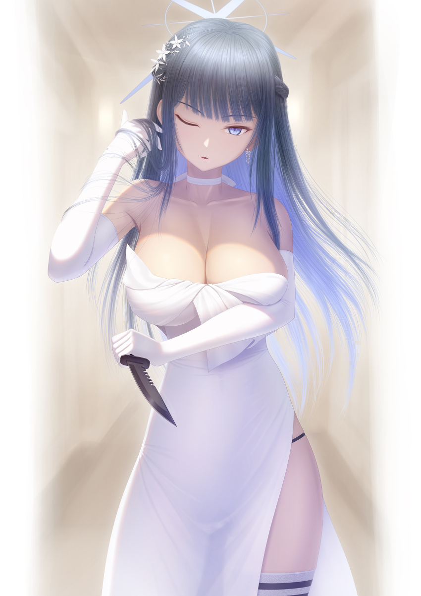 1girl absurdres bare_shoulders black_hair blue_archive blue_eyes blue_hair breasts choker cleavage collarbone colored_inner_hair combat_knife dress earrings elbow_gloves gloves halo highres jewelry knife large_breasts long_hair looking_at_viewer masatoki multicolored_hair one_eye_closed open_mouth saori_(blue_archive) saori_(dress)_(blue_archive) solo thighs weapon white_dress white_gloves