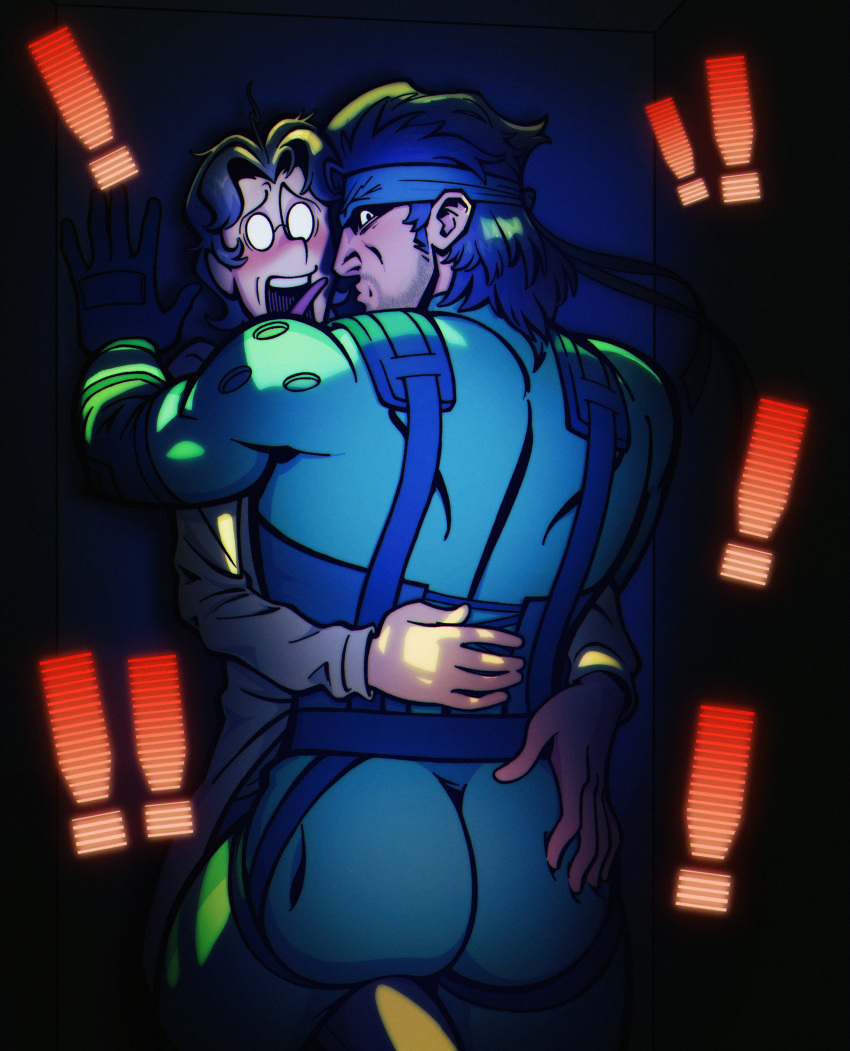 ! !! 2boys absurdres ass back black_gloves black_hair blue_bodysuit blush bodysuit facial_hair glasses gloves hal_emmerich hand_on_another's_ass headband highres lab_coat looking_at_viewer looking_back male_focus metal_gear_(series) metal_gear_solid miles_mandel multiple_boys open_mouth round_eyewear short_hair solid_snake tongue tongue_out yaoi