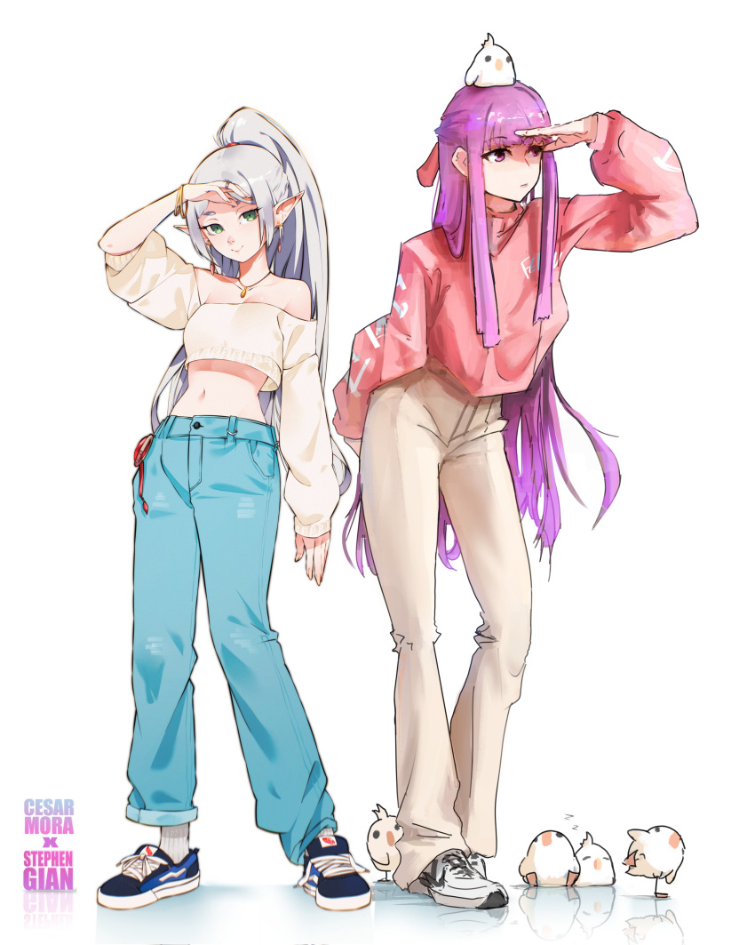 2girls absurdres alternate_costume alternate_hairstyle animal animal_on_head arm_at_side bare_shoulders bell-bottoms bird bird_on_head blue_pants bracelet breasts chick closed_mouth clothes_writing collaboration commentary contemporary cropped_shirt elf english_commentary fern_(sousou_no_frieren) frieren gem grey_hair grey_pants hair_ribbon half_updo highres jewelry leaning_forward long_hair long_sleeves looking_ahead looking_at_viewer midriff multiple_girls navel necklace off-shoulder_shirt off_shoulder on_head pants pendant pointy_ears ponytail purple_eyes purple_hair red_shirt reflective_floor ribbon ring shading_eyes shirt sidelocks sleeves_pushed_up smile solo sousou_no_frieren standing stephengiannart very_long_hair white_background white_shirt zzz