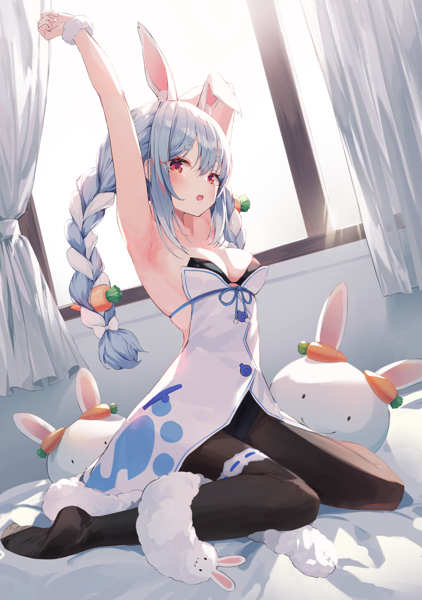 1girl absurdres animal_ears armpits arms_up bangs bare_arms bare_shoulders bed black_legwear black_leotard blue_hair blue_ribbon bow braid breasts carrot_hair_ornament cleavage coat curtains don-chan_(usada_pekora) eyebrows_visible_through_hair food-themed_hair_ornament fur_scarf hair_bow hair_ornament highres hololive leotard light_blue_hair long_hair looking_at_viewer medium_breasts multicolored_hair munseonghwa no_shoes nousagi_(usada_pekora) open_mouth pantyhose rabbit_ears red_eyes ribbon scrunchie shiny shiny_hair short_eyebrows sitting solo strapless strapless_leotard stuffed_toy sunlight twin_braids twintails two-tone_hair usada_pekora virtual_youtuber waking_up wariza white_coat white_hair window wrist_scrunchie